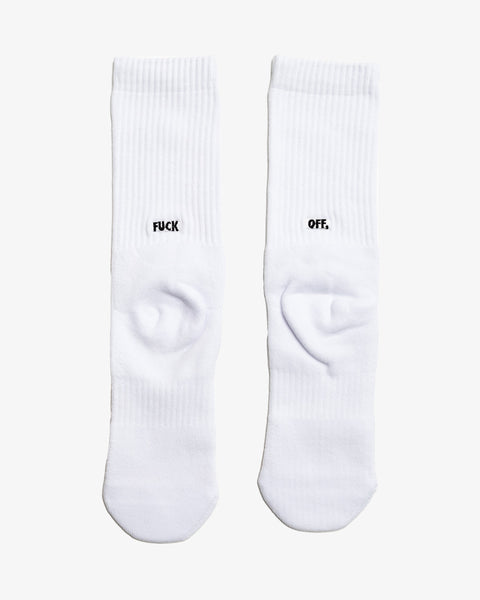 The back view of a white pair of socks with “FUCK OFF” embroidered in black.