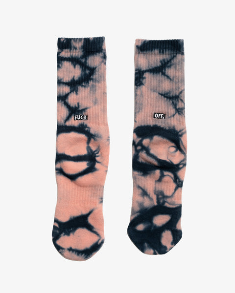 The back view of a black bleached pair of socks with “FUCK OFF” embroidered in black.