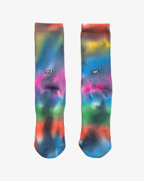 The back view of a white pair of socks with “FUCK OFF” embroidered in black.