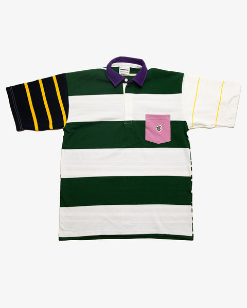 Blue striped patchwork rugby t-shirt with multi-coloured striped sleeves and a blue pocket featuring the RBW wolf logo.